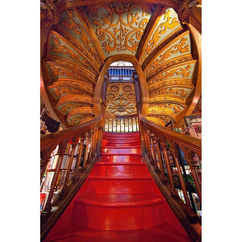Portugal-Porto Ornate staircase in the Lello Bookstore White Modern Wood Framed Art Print by Jaynes Gallery