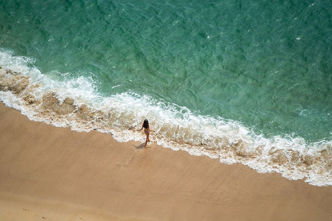 Europe-Portugal-Nazare-Girl in surf on beach White Modern Wood Framed Art Print with Double Matting by Jaynes Gallery