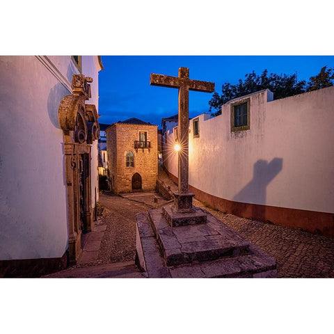 Europe-Portugal-Obidos-Church and cross on cobblestone street at sunset Black Modern Wood Framed Art Print by Jaynes Gallery