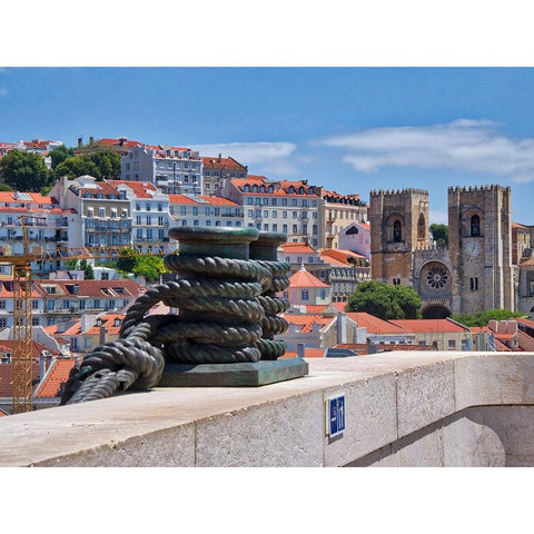 Portugal-Lisbon-View of the Lisbon Cathedral from the Arco da Rua Augusta Black Modern Wood Framed Art Print by Eggers, Julie