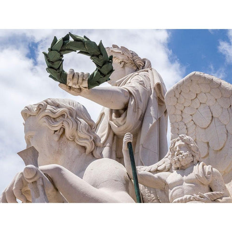 Portugal-Lisbon-Close-up of sculptures at the top of 18th century Arco da Rua Augusta-Statue of Glo White Modern Wood Framed Art Print by Eggers, Julie