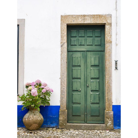 Portugal-Obidos-Pink hydrangea in terracotta pot next to a green door Black Modern Wood Framed Art Print by Eggers, Julie