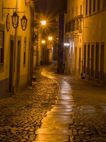 Portugal-Obidos-Walkway along the walled town of Obidos at night White Modern Wood Framed Art Print with Double Matting by Eggers, Julie