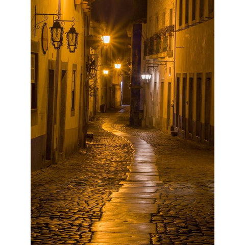 Portugal-Obidos-Walkway along the walled town of Obidos at night Black Modern Wood Framed Art Print by Eggers, Julie