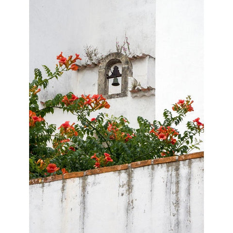 Portugal-Obidos-Orange trumpet vine growing below a church bell in the medieval village of Obidos Black Modern Wood Framed Art Print with Double Matting by Eggers, Julie