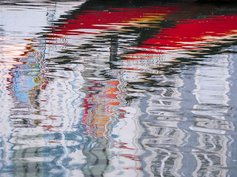 Portugal-Aveiro-Reflections of traditional and colorful salt boats-called Moliceiro-in the canals o White Modern Wood Framed Art Print with Double Matting by Eggers, Julie