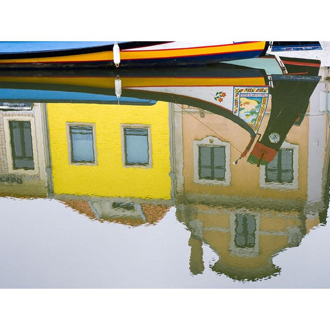 Portugal-Aveiro-Reflection of colorful buildings and painted Moliceiro boats in the canal Black Modern Wood Framed Art Print by Eggers, Julie