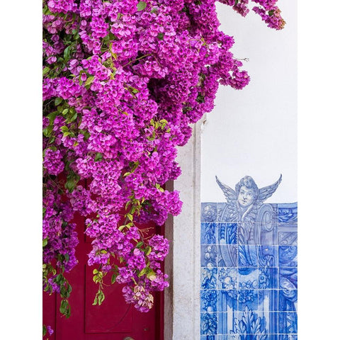 Portugal-Lisbon-Pink flowers of Bougainvillea plant and historical building next to Miradouro de Sa Black Modern Wood Framed Art Print by Eggers, Julie