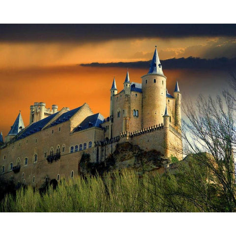Europe, Spain, Segovia Alcazar castle at sunset White Modern Wood Framed Art Print by Zuckerman, Jim