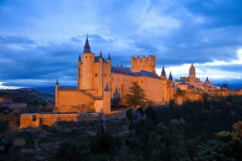 Europe, Spain, Segovia Alcazar castle at sunset White Modern Wood Framed Art Print with Double Matting by Zuckerman, Jim
