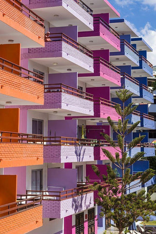 Spain-Canary Islands-Gran Canaria Island-Playa del Ingles-colorful balconies White Modern Wood Framed Art Print with Double Matting by Bibikow, Walter