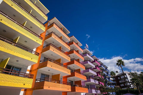 Spain-Canary Islands-Gran Canaria Island-Playa del Ingles-colorful balconies White Modern Wood Framed Art Print with Double Matting by Bibikow, Walter