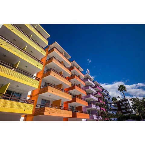 Spain-Canary Islands-Gran Canaria Island-Playa del Ingles-colorful balconies Black Modern Wood Framed Art Print by Bibikow, Walter