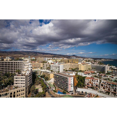 Spain-Canary Islands-Gran Canaria Island-Playa del Ingles-high angle view of town White Modern Wood Framed Art Print by Bibikow, Walter
