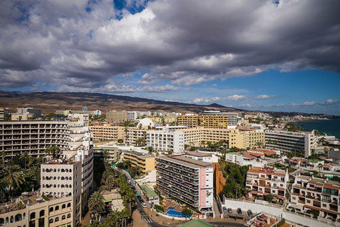 Spain-Canary Islands-Gran Canaria Island-Playa del Ingles-high angle view of town Black Ornate Wood Framed Art Print with Double Matting by Bibikow, Walter