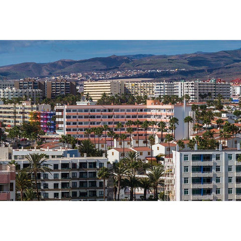 Spain-Canary Islands-Gran Canaria Island-Playa del Ingles-high angle view of town White Modern Wood Framed Art Print by Bibikow, Walter