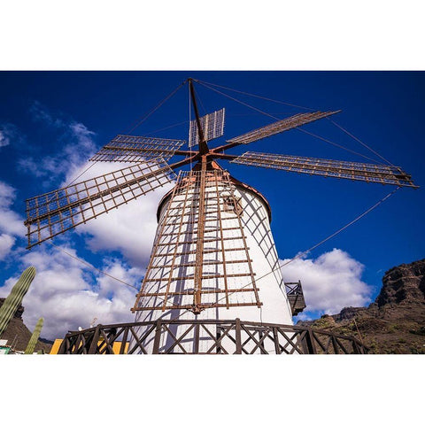 Spain-Canary Islands-Gran Canaria Island-Puerto de Mogan-antique windmill White Modern Wood Framed Art Print by Bibikow, Walter