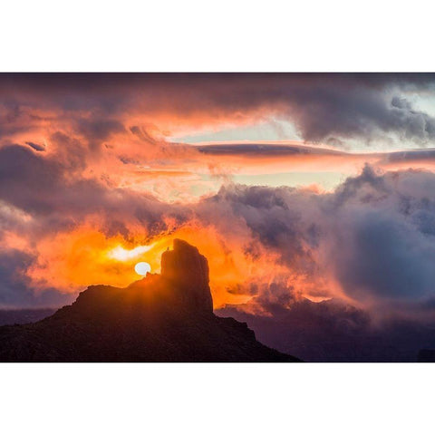 Spain-Canary Islands-Gran Canaria Island-Tejeda-mountain landscape with Roque Bentayga-sunset Black Modern Wood Framed Art Print by Bibikow, Walter