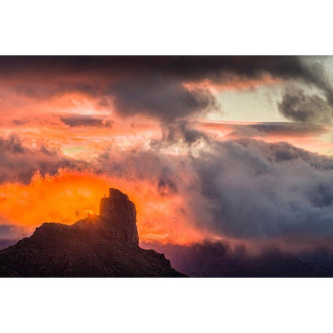 Spain-Canary Islands-Gran Canaria Island-Tejeda-mountain landscape with Roque Bentayga-sunset White Modern Wood Framed Art Print by Bibikow, Walter