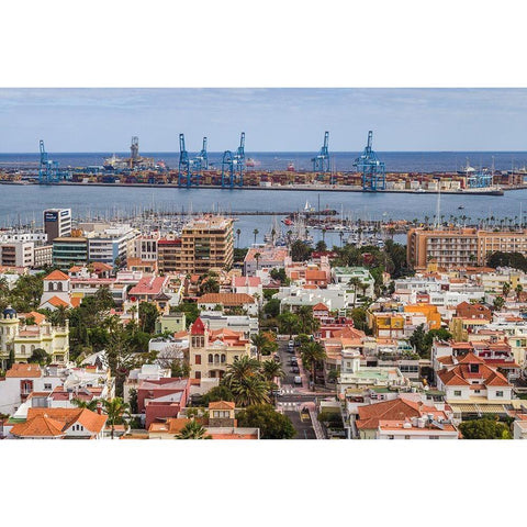 Spain-Canary Islands-Gran Canaria Island-Las Palmas de Gran Canaria-high angle view of city Black Modern Wood Framed Art Print with Double Matting by Bibikow, Walter