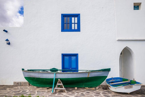 Spain-Canary Islands-Fuerteventura Island-Pozo Negro-fishing boats White Modern Wood Framed Art Print with Double Matting by Bibikow, Walter