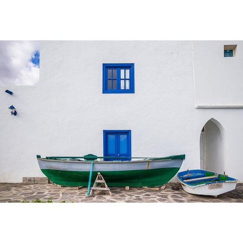 Spain-Canary Islands-Fuerteventura Island-Pozo Negro-fishing boats Black Modern Wood Framed Art Print by Bibikow, Walter