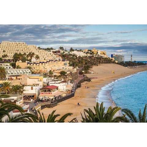 Canary Islands-Fuerteventura Island-Morro Jable-high angle view of Playa de la Cebada beach-sunset White Modern Wood Framed Art Print by Bibikow, Walter