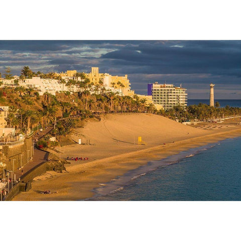 Canary Islands-Fuerteventura Island-Morro Jable-high angle view of Playa de la Cebada beach-sunset Black Modern Wood Framed Art Print with Double Matting by Bibikow, Walter