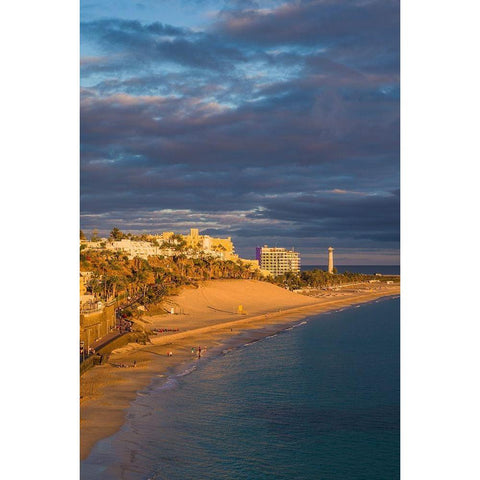 Canary Islands-Fuerteventura Island-Morro Jable-high angle view of Playa de la Cebada beach-sunset Black Modern Wood Framed Art Print with Double Matting by Bibikow, Walter