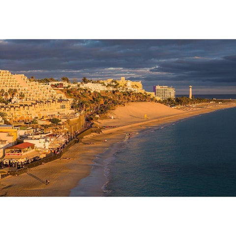 Canary Islands-Fuerteventura Island-Morro Jable-high angle view of Playa de la Cebada beach-sunset Black Modern Wood Framed Art Print by Bibikow, Walter