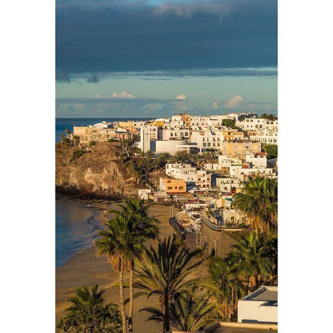 Canary Islands-Fuerteventura Island-Morro Jable-high angle view of Playa de la Cebada beach-dawn Black Modern Wood Framed Art Print with Double Matting by Bibikow, Walter