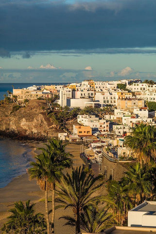 Canary Islands-Fuerteventura Island-Morro Jable-high angle view of Playa de la Cebada beach-dawn White Modern Wood Framed Art Print with Double Matting by Bibikow, Walter