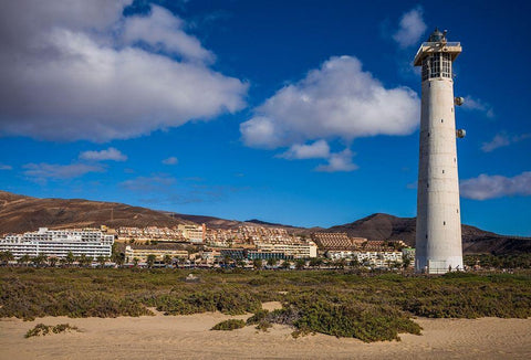 Canary Islands-Fuerteventura Island-Morro Jable-Faro de Morro Jable lighthouse White Modern Wood Framed Art Print with Double Matting by Bibikow, Walter