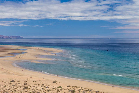 Canary Islands-Fuerteventura Island-Costa Calma-high angle view of Playa de Sotavento beach White Modern Wood Framed Art Print with Double Matting by Bibikow, Walter
