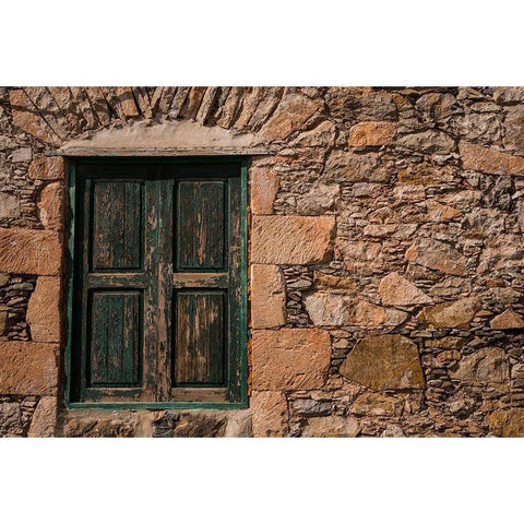 Canary Islands-Fuerteventura Island-Pajara-stone wall and window detail Black Modern Wood Framed Art Print by Bibikow, Walter