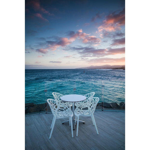 Canary Islands-Fuerteventura Island-Caleta de Fuste-Puerto Deportivo-harbor cafe-dusk Black Modern Wood Framed Art Print by Bibikow, Walter