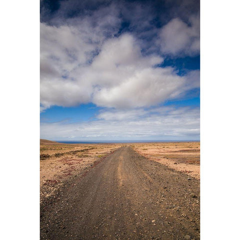 Canary Islands-Fuerteventura Island-Punto de Paso Chico-west coast desert landscape with road White Modern Wood Framed Art Print by Bibikow, Walter