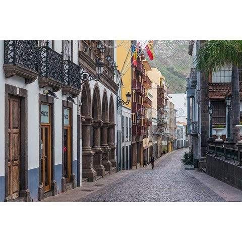 Canary Islands-La Palma Island-Santa Cruz de la Palma-Calle ODaly-street at dusk White Modern Wood Framed Art Print by Bibikow, Walter