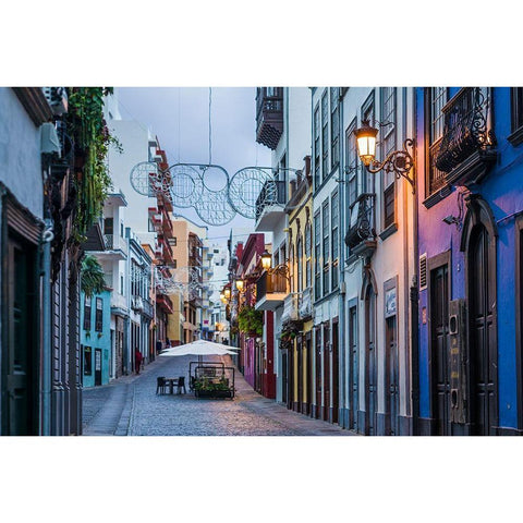 Canary Islands-La Palma Island-Santa Cruz de la Palma-Calle ODaly-street at dusk White Modern Wood Framed Art Print by Bibikow, Walter