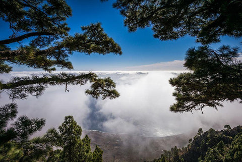 Canary Islands-El Hierro Island-Mirador de las Playas-elevated view of the east coast with fog White Modern Wood Framed Art Print with Double Matting by Bibikow, Walter