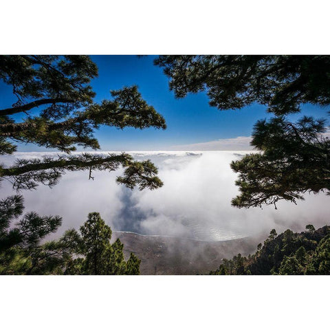 Canary Islands-El Hierro Island-Mirador de las Playas-elevated view of the east coast with fog Black Modern Wood Framed Art Print with Double Matting by Bibikow, Walter