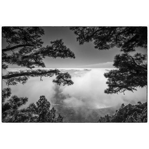 Canary Islands-El Hierro Island-Mirador de las Playas-elevated view of the east coast with fog Black Modern Wood Framed Art Print with Double Matting by Bibikow, Walter