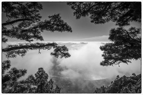 Canary Islands-El Hierro Island-Mirador de las Playas-elevated view of the east coast with fog White Modern Wood Framed Art Print with Double Matting by Bibikow, Walter