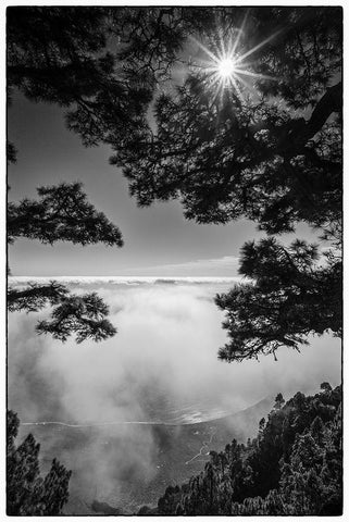 Canary Islands-El Hierro Island-Mirador de las Playas-elevated view of the east coast with fog White Modern Wood Framed Art Print with Double Matting by Bibikow, Walter