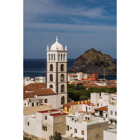 Canary Islands-Tenerife Island-Garachico-elevated town view with the Iglesia de Santa Ana church White Modern Wood Framed Art Print by Bibikow, Walter