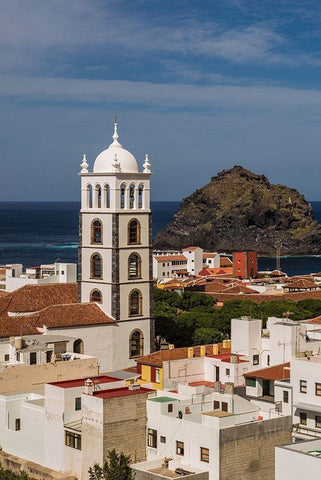 Canary Islands-Tenerife Island-Garachico-elevated town view with the Iglesia de Santa Ana church Black Ornate Wood Framed Art Print with Double Matting by Bibikow, Walter