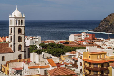 Canary Islands-Tenerife Island-Garachico-elevated town view with the Iglesia de Santa Ana church Black Ornate Wood Framed Art Print with Double Matting by Bibikow, Walter