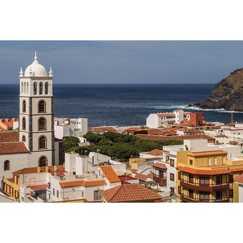 Canary Islands-Tenerife Island-Garachico-elevated town view with the Iglesia de Santa Ana church White Modern Wood Framed Art Print by Bibikow, Walter