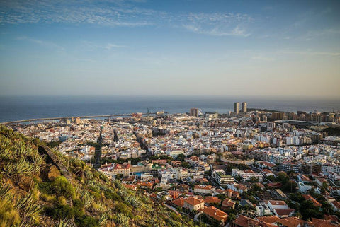 Canary Islands-Tenerife Island-Santa Cruz de Tenerife-elevated view of city and port-late afternoon White Modern Wood Framed Art Print with Double Matting by Bibikow, Walter