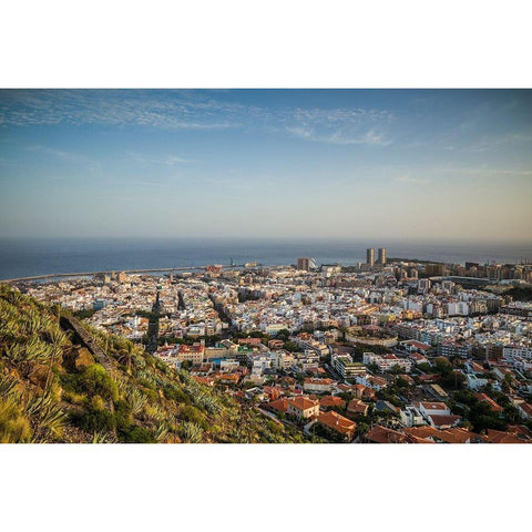 Canary Islands-Tenerife Island-Santa Cruz de Tenerife-elevated view of city and port-late afternoon Black Modern Wood Framed Art Print by Bibikow, Walter
